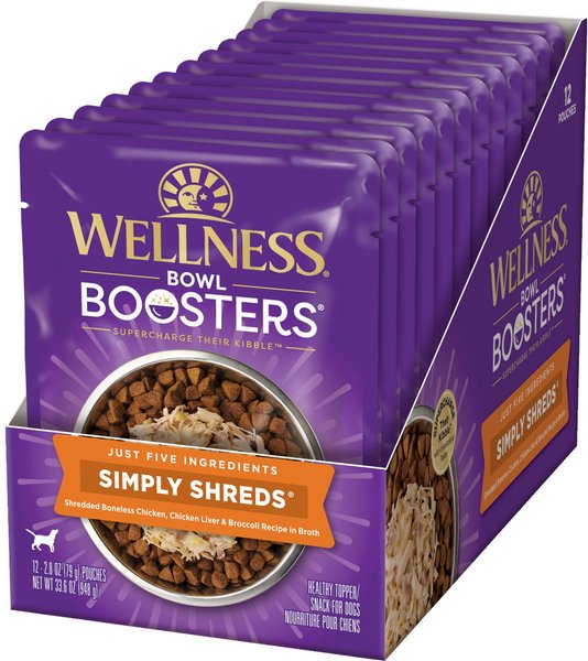Wellness Bowl Boosters Simply Shreds Chicken Liver & Broccoli Natural Grain-Free Wet Dog Food Mixer or Topper, 2.8-oz pouch, case of 12 slide 1 of 8