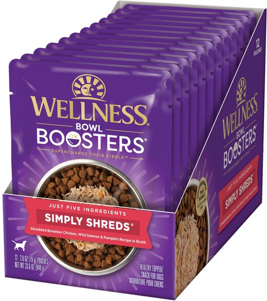 Wellness Bowl Boosters Simply Shreds Chicken, Salmon & Pumpkin Natural Grain-Free Wet Dog Food Mixer or Topper, 2.8-oz pouch, case of 12 slide 1 of 9