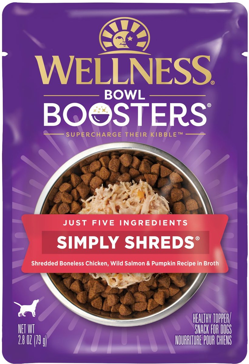 Wellness Bowl Boosters Simply Shreds Chicken, Salmon & Pumpkin Natural Grain-Free Wet Dog Food Mixer or Topper, 2.8-oz pouch, case of 12