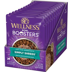 Wellness Bowl Boosters Simply Shreds Tuna, Beef & Carrots Natural Grain Free Wet Dog Food Mixer or Topper, 2.8-oz pouch, case of 12