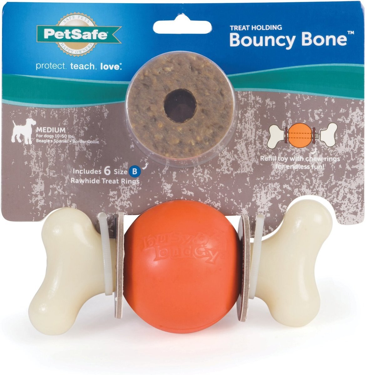 PETSAFE Busy Buddy Bouncy Bone Treat Dispenser Tough Dog Chew Toy