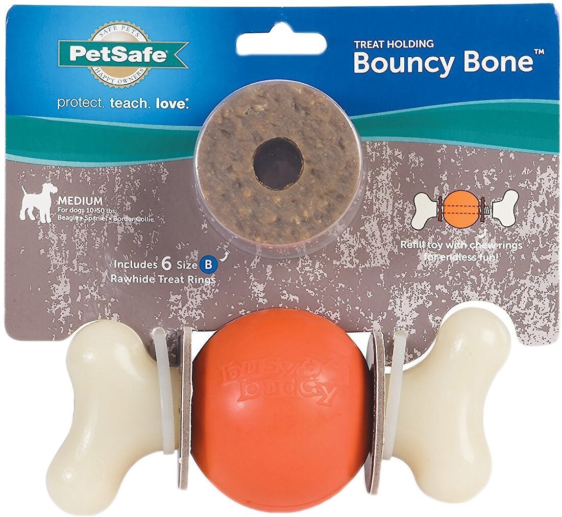 PETSAFE Busy Buddy Bouncy Bone Treat Dispenser Tough Dog Chew Toy