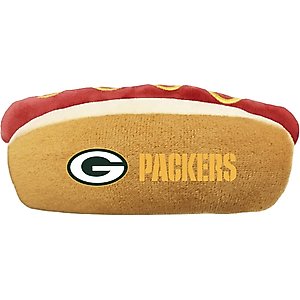 Pets First Hot Dog Squeaky Dog Chew Toy, Green Bay Packers