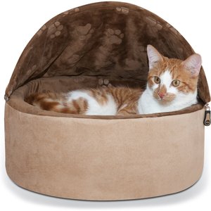 K&H Pet Products Self-Warming Hooded Cat Bed, Chocolate/Tan, Small