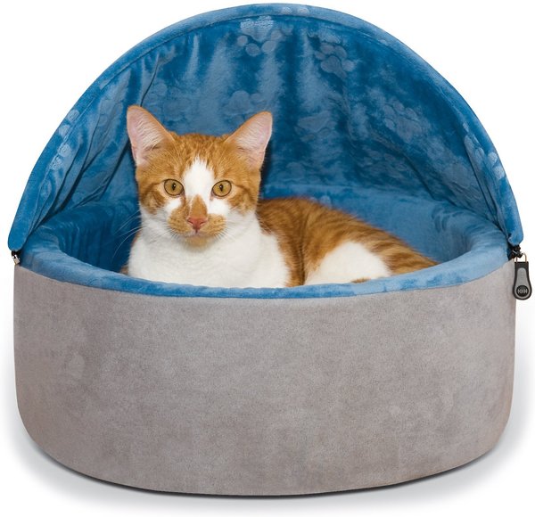 K&H Pet Products Self-Warming Hooded Cat Bed, Blue/Gray, Small slide 1 of 11