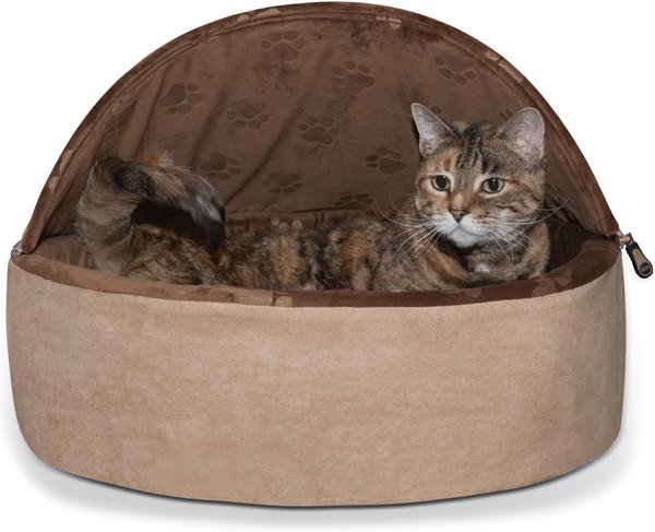 K&H Pet Products Self-Warming Hooded Cat Bed, Chocolate/Tan, Large slide 1 of 11
