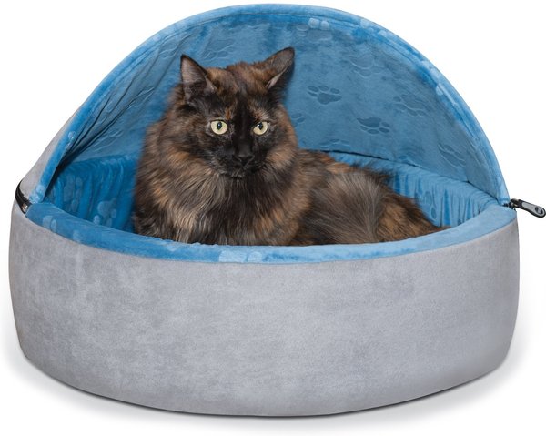 K&H Pet Products Self-Warming Hooded Cat Bed, Blue/Gray, Large slide 1 of 11