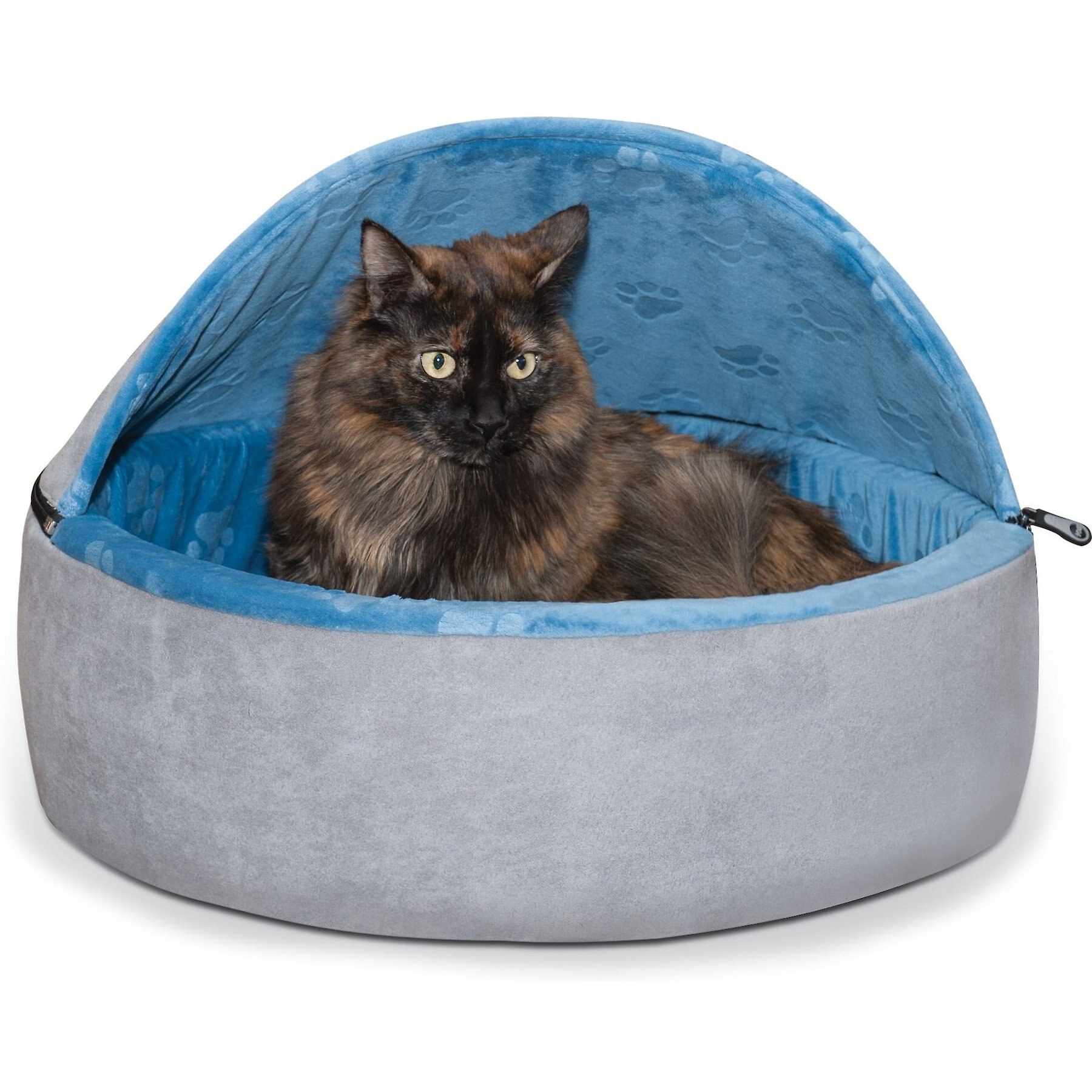 K H Self Warming Kitty Bed Hooded Large Blue Gray