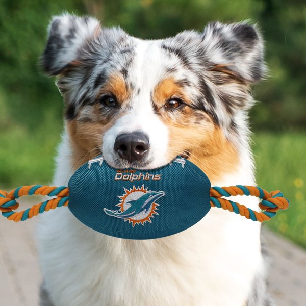 Show full view: Pets First Nylon Football Tough Squeaky Dog Chew Toy, Miami Dolphins slide 4 of 6