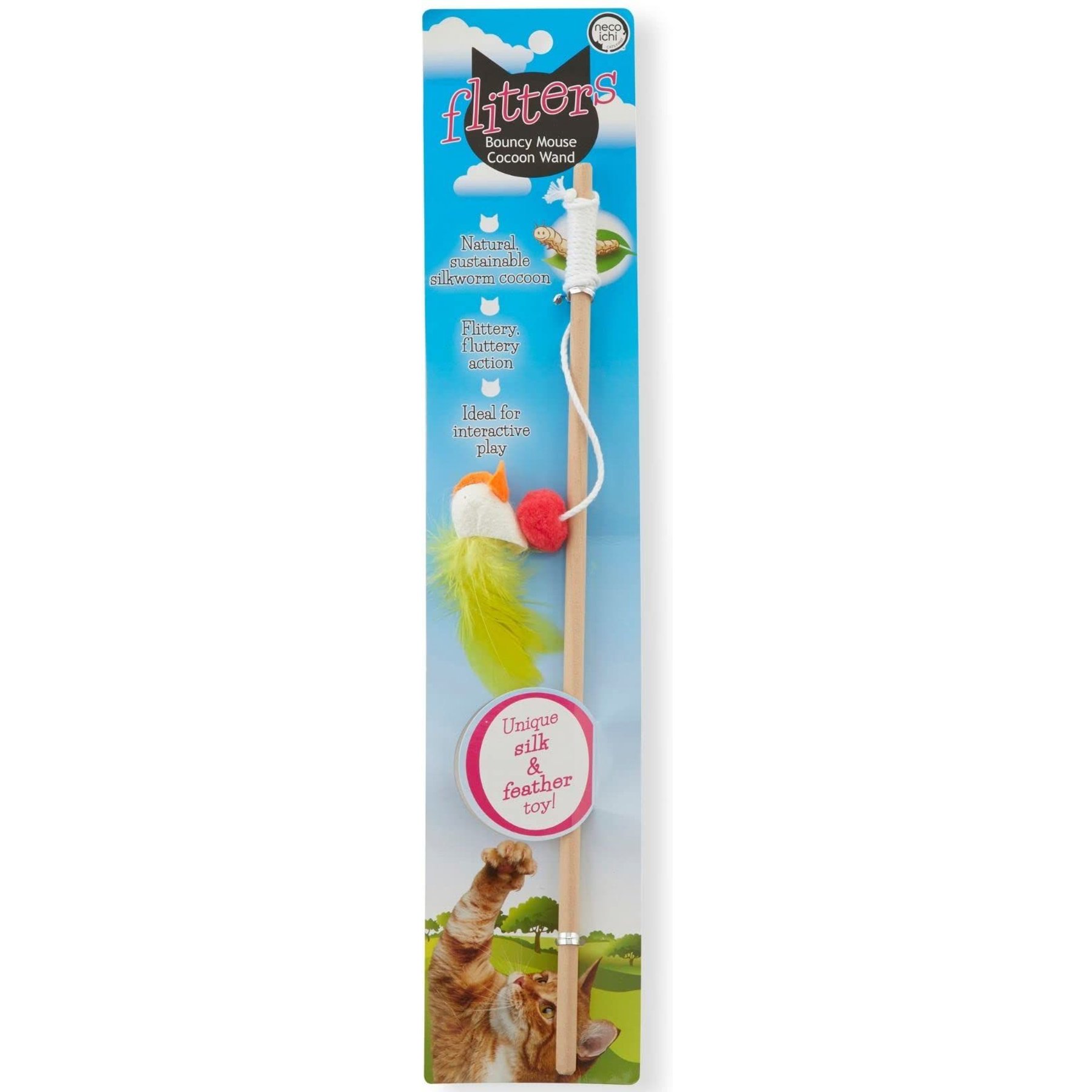 Necoichi Flitters Bouncy Mouse Cocoon Feather Wand Cat Toy, Blue