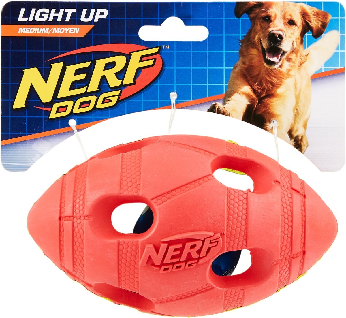 NERF DOG Light Up Bash Football Dog Toy, Medium, Yellow & Red
