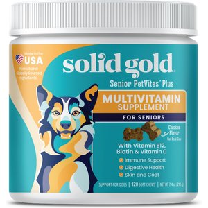 Solid Gold PetVites Multivitamin Chicken Flavored Soft Chews Vitamin C & B12 Supplement for Senior Dogs, 120 count