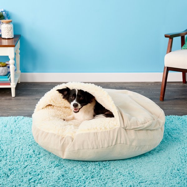 FRISCO Velvet Round Bolster Dog Bed w/Removable Cover, Beige, XX-Large ...