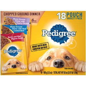 Pedigree Chopped Ground Dinner Variety Pack With Chicken, Filet Mignon & Beef Wet Dog Food, 3.5-oz, case of 18