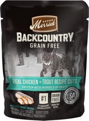 Merrick Backcountry Grain-Free Real Chicken & Trout Recipe Cuts Morsels in Gravy Cat Food Pouches, 3-oz, case of 24