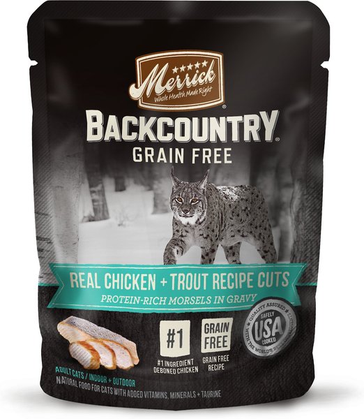 Merrick Backcountry Grain-Free Real Chicken & Trout Recipe Cuts Morsels in Gravy Cat Food Pouches, 3-oz, case of 24 slide 1 of 9