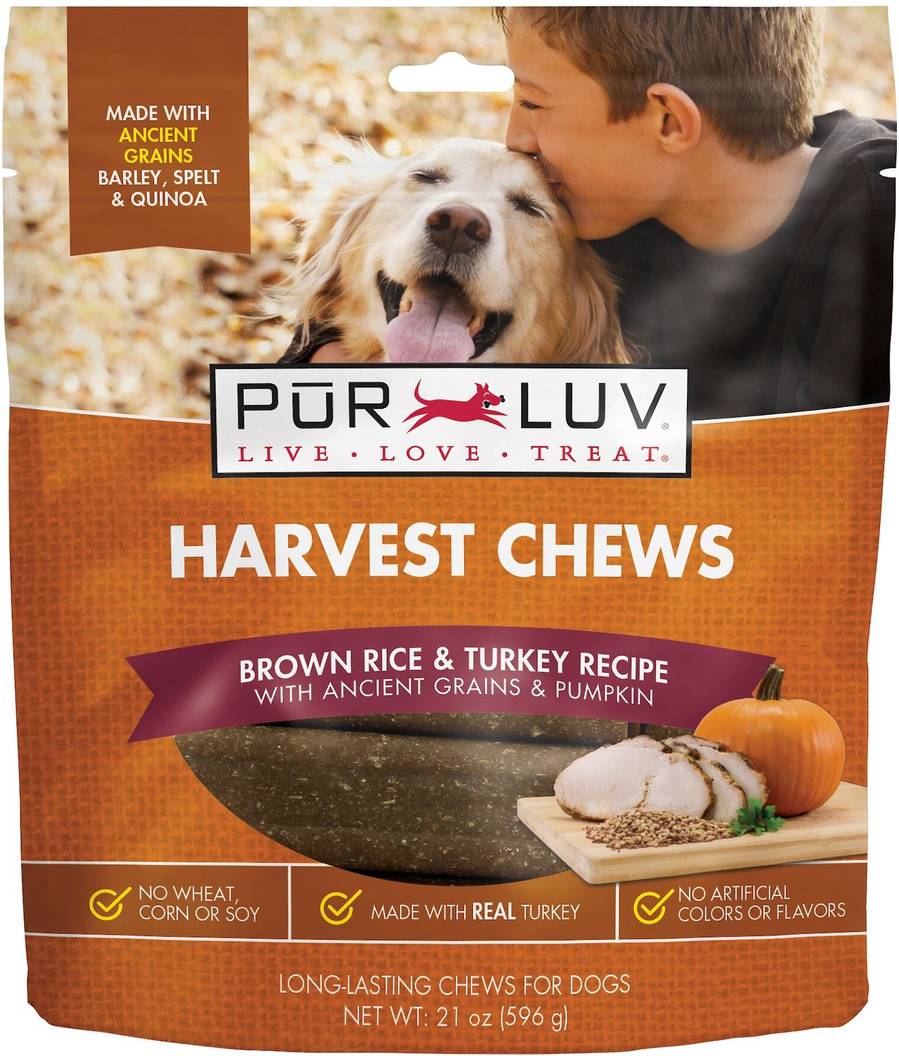 PUR LUV Harvest Chews Brown Rice & Turkey Recipe with Ancient Grains & Pumpkin Dog Treats, 21-oz