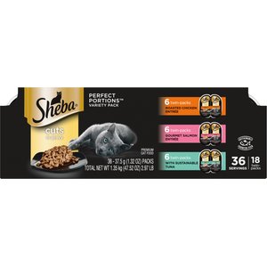Sheba Perfect Portions Grain-Free Multipack Roasted Chicken, Gourmet Salmon & Signature Tuna Cuts in Gravy Cat Food Trays, 2.6-oz, case of 18 twin-packs