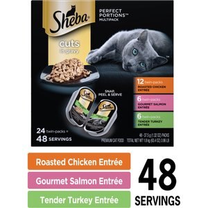Sheba Perfect Portions Grain-Free Roasted Chicken, Gourmet Salmon & Tender Turkey Cuts in Gravy Variety Pack Adult Wet Cat Food Trays, 1.3-oz, case of 24 twin-packs