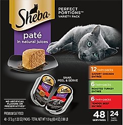 Sheba Perfect Portions Grain-Free Savory Chicken, Roasted Turkey & Tender Beef Pate Variety Pack Adult Wet Cat Food Trays, 2.6-oz, case of 24 twin-packs