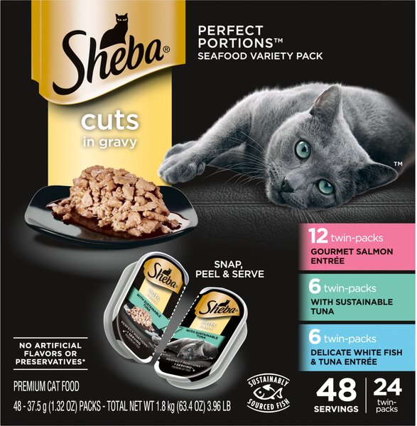 Sheba Perfect Portions Grain Free Gourmet Salmon Sustainable Tuna Delicate Whitefish Tuna Cuts in Gravy Variety Pack Adult Wet Cat Food Trays