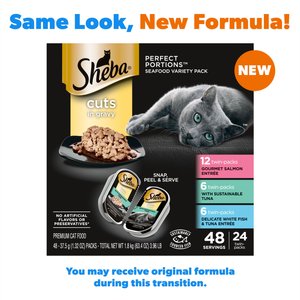 Sheba Perfect Portions Grain-Free Gourmet Salmon, Sustainable Tuna & Delicate Whitefish & Tuna Cuts in Gravy Variety Pack Adult Wet Cat Food Trays, 2.6-oz, case of 24 twin-packs