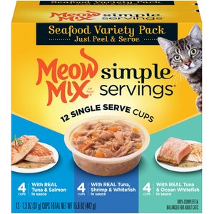 Meow Mix Simple Servings Seafood Variety Pack Cat Food Trays, 1.3-oz, case of 12