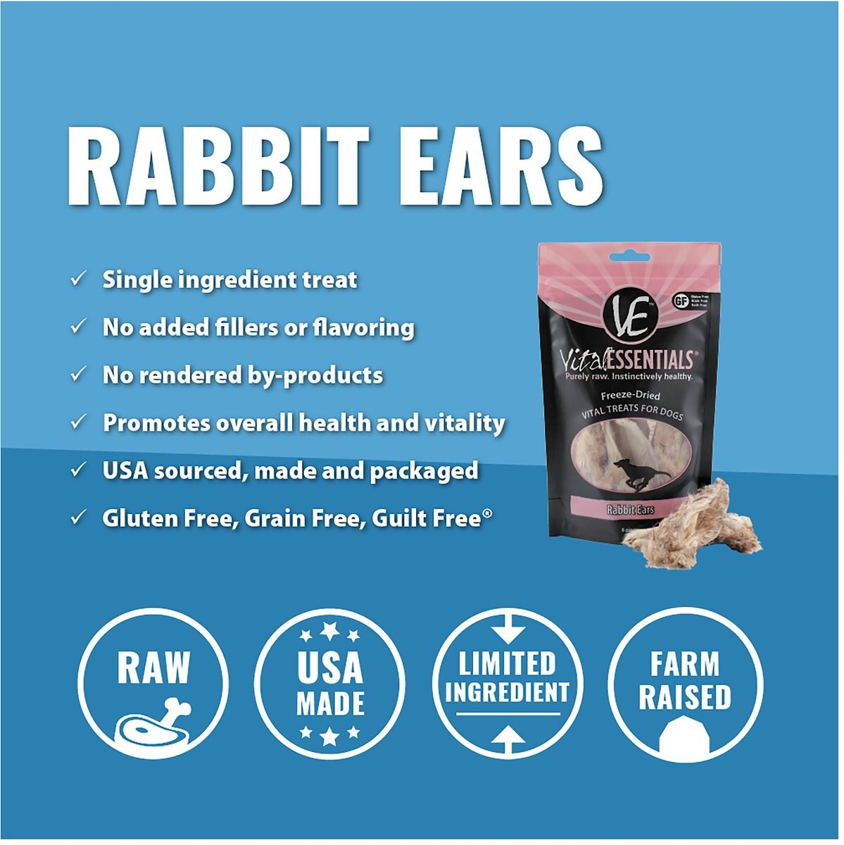 VITAL ESSENTIALS Rabbit Ears FreezeDried Dog Treats, 6 count