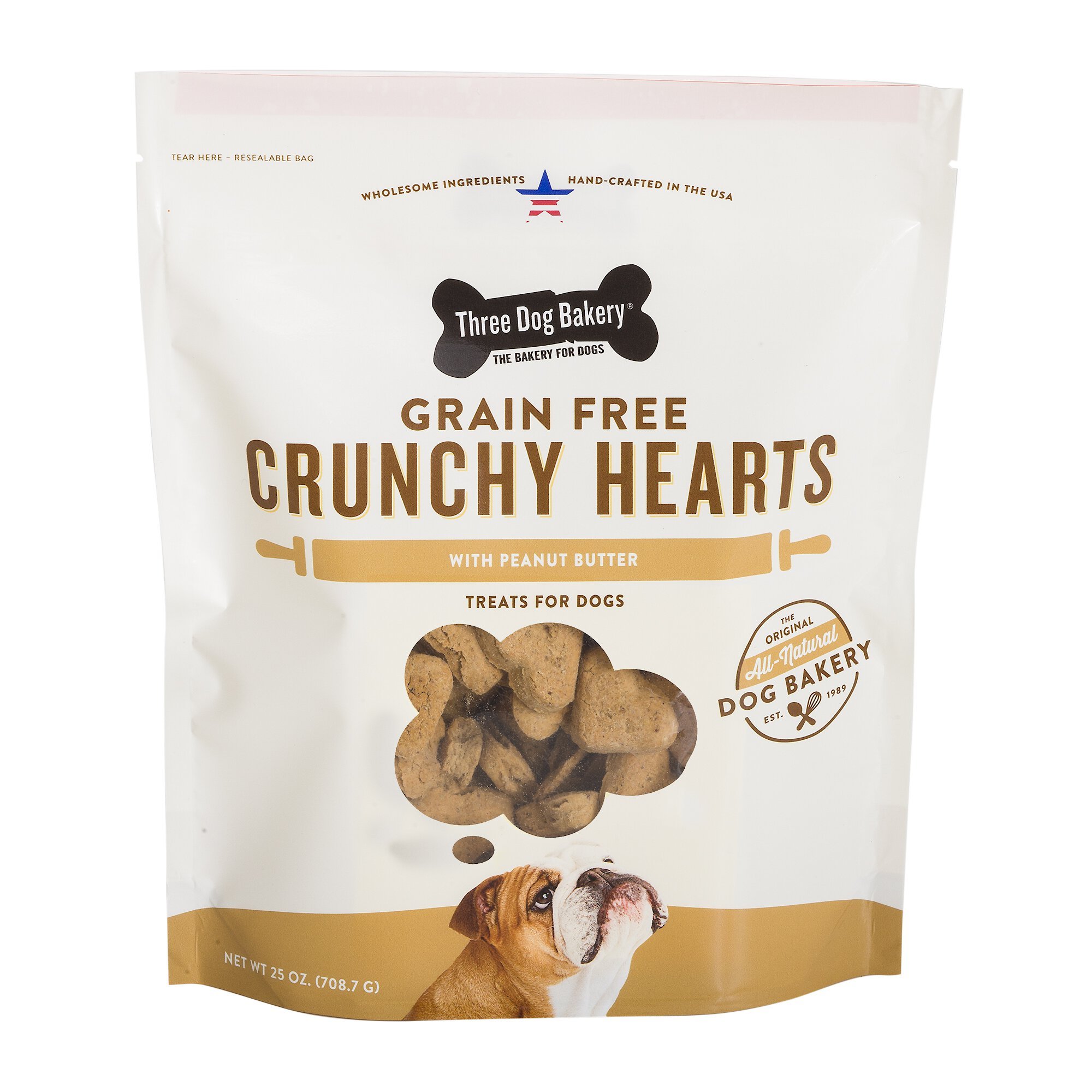 THREE DOG BAKERY Crunchy Hearts Biscuits Peanut Butter Flavor Grain ...