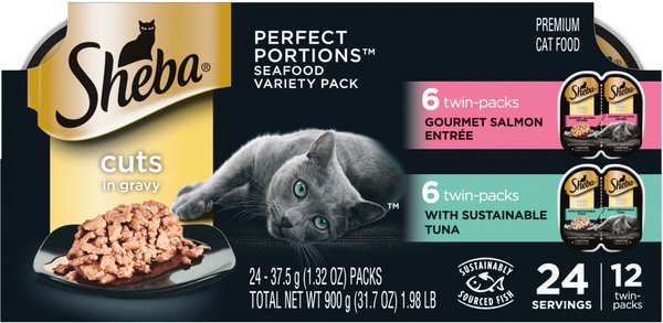 Sheba Perfect Portions Grain-Free Multipack Salmon & Substainable Tuna Cuts in Gravy Entree Adult Wet Cat Food Trays, 2.6-oz, case of 12 twin-packs slide 1 of 10