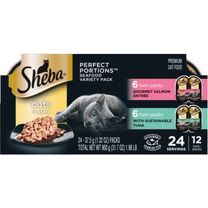 Sheba Perfect Portions Grain-Free Salmon & Sustainable Tuna Cuts in Gravy Entree Variety Pack Adult Wet Cat Food Trays, 2.6-oz, case of 24 twin-packs