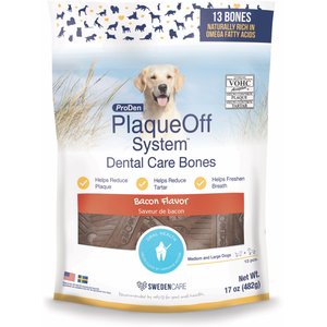 swedencare PlaqueOff System Natural Bacon Flavored Dental Bone Dog Treats, 13 count