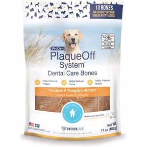 swedencare PlaqueOff System Chicken & Pumpkin Flavored Dental Bone Dog Treats, 13 count