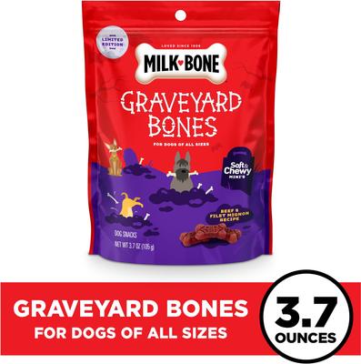 Show full view: Milk-Bone Minis Halloween Graveyard Beef Bones Adult Soft & Chewy Dog Treats, 3.7-oz pouch slide 3 of 12