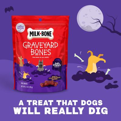 Show full view: Milk-Bone Minis Halloween Graveyard Beef Bones Adult Soft & Chewy Dog Treats, 3.7-oz pouch slide 5 of 12