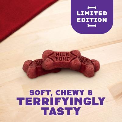 Show full view: Milk-Bone Minis Halloween Graveyard Beef Bones Adult Soft & Chewy Dog Treats, 3.7-oz pouch slide 6 of 12