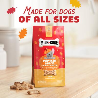Show full view: Milk-Bone Pup-kin Spice Artificial Pumpkin & Spice Flavor Biscuits Dog Treats, Small, 8-oz bag slide 5 of 12