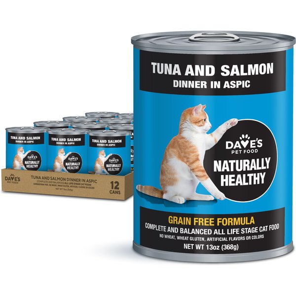 Dave's Pet Food Naturally Healthy, Grain-Free Tuna & Salmon Dinner in Aspic Canned Wet Cat Food, 13-oz, case of 12