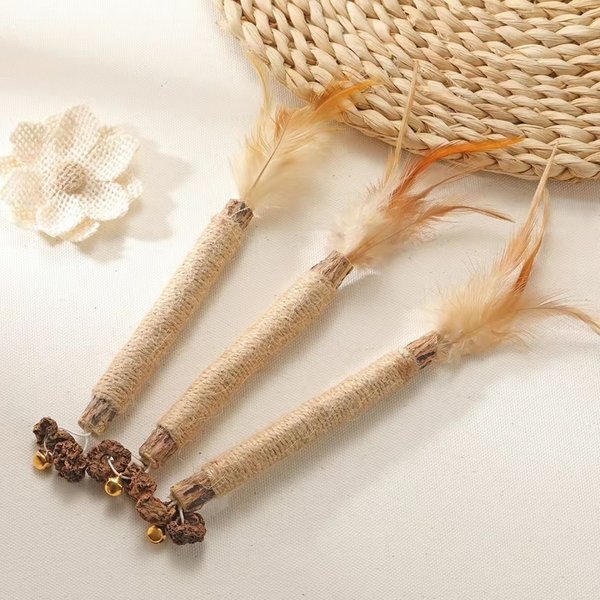 Lovely Caves Feather Silvervine Sticks Cat Chew Toy with Bell, Brown, 3 count