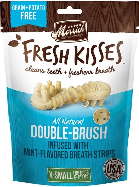 Merrick Fresh Kisses Double-Brush Mint Breath Strip Infused Extra Small Dental Dog Treats, 20 count slide 1 of 9
