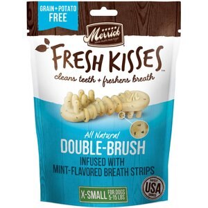 Merrick Fresh Kisses Double-Brush Mint Breath Strip Infused Extra Small Dental Dog Treats, 20 count