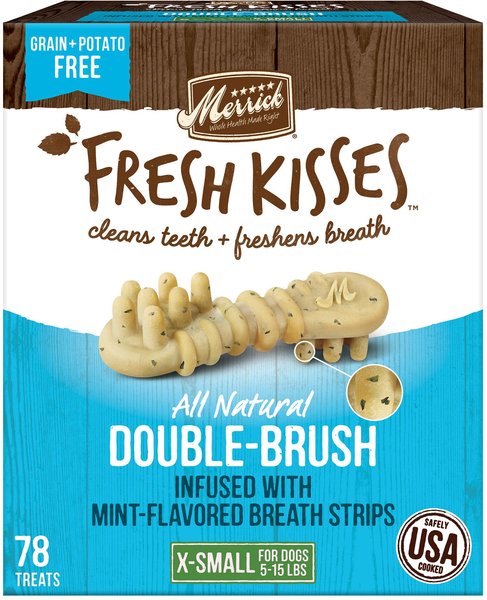 Merrick Fresh Kisses Double-Brush Mint Breath Strip Infused Extra Small Dental Dog Treats, 78 count slide 1 of 8