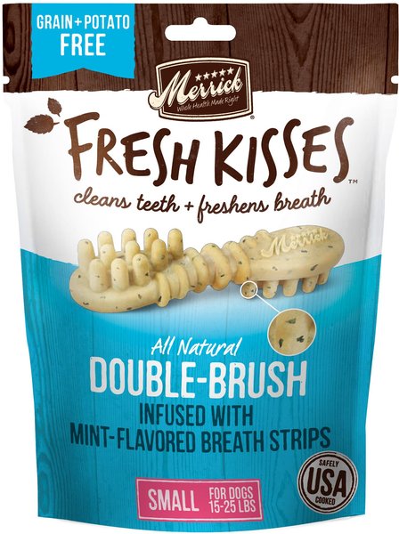 Merrick Fresh Kisses Double-Brush Mint Breath Strip Infused Small Dental Dog Treats, 15 count slide 1 of 9