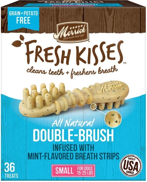 Merrick Fresh Kisses Double-Brush Mint Breath Strip Infused Small Dental Dog Treats, 36 count slide 1 of 9