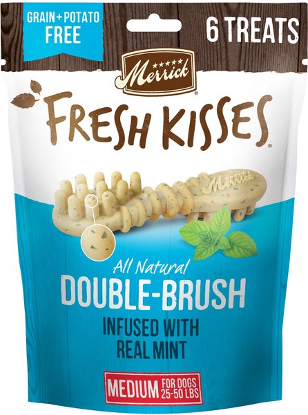 Merrick Fresh Kisses Double-Brush Mint Breath Strip Infused Medium Dental Dog Treats, 6 count slide 1 of 8