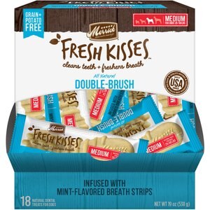 Merrick Fresh Kisses Double-Brush Mint Breath Strips Medium Grain-Free Dental Dog Treats, 18 count
