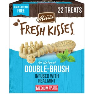 Merrick Fresh Kisses Double-Brush Mint Breath Strip Infused Medium Dental Dog Treats, 22 count