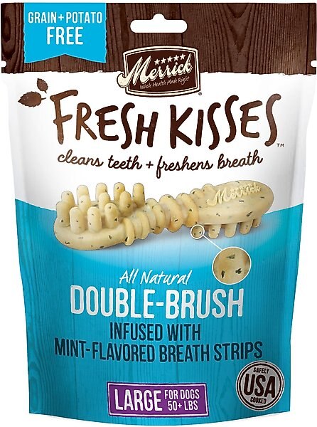 Merrick Fresh Kisses Double-Brush Mint Breath Strip Infused Large Dental Dog Treats, 4 count slide 1 of 9