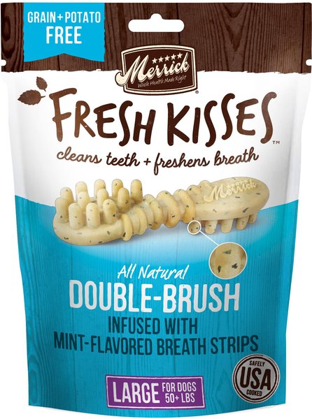 Merrick Fresh Kisses Double-Brush Mint Breath Strip Infused Large Dental Dog Treats, 7 count slide 1 of 9