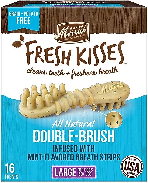 Merrick Fresh Kisses Double-Brush Mint Breath Strip Infused Large Dental Dog Treats, 16 count slide 1 of 8